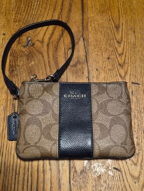 Coach Brown Signature Canvas Wristlet with Black Leather Center
